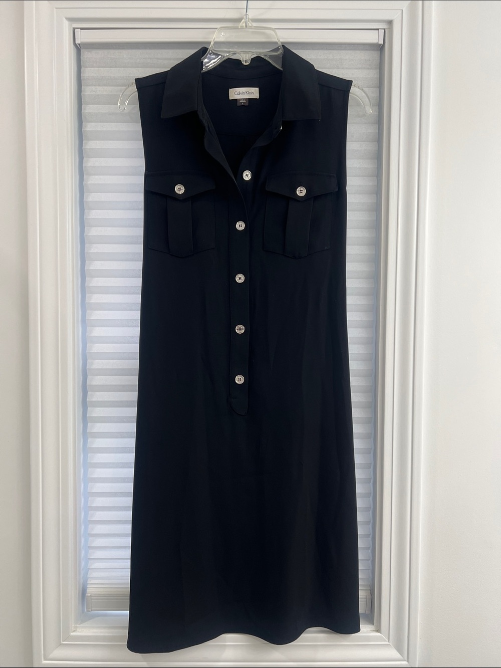 Calvin Klein Black Sleeveless Button-Front Shirt Dress with belt